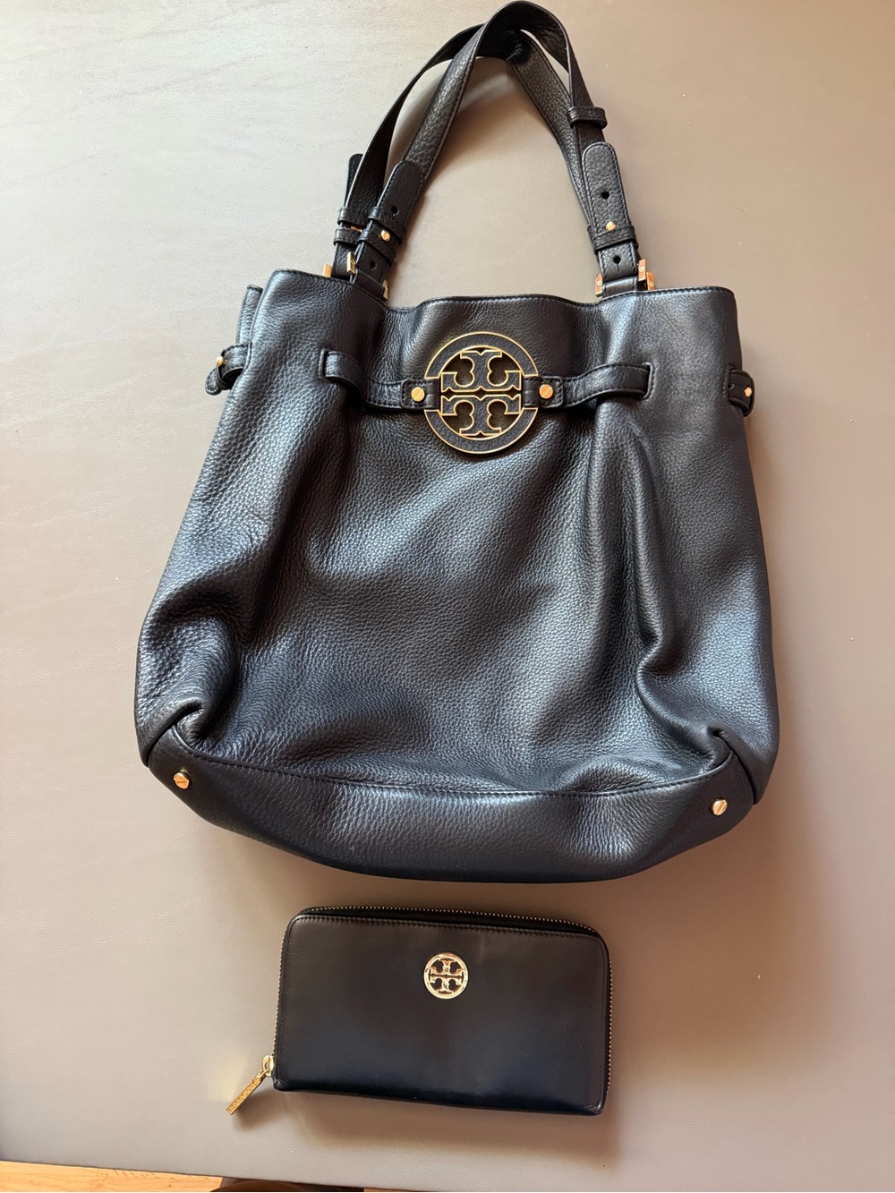 Tory Burch Black Leather Shoulder Tote with Matching Wallet